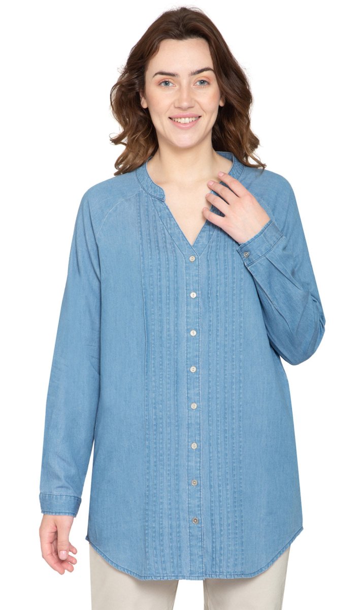 Women's Denim Pintuck Button - Front Tunic Top - Codex AI
