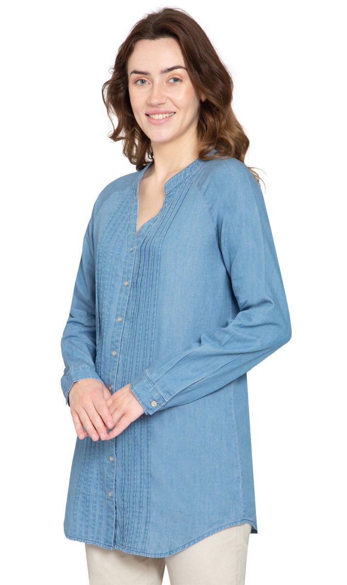 Women's Denim Pintuck Button - Front Tunic Top - Codex AI
