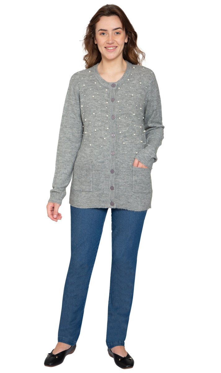 Women's Faux Pearl Cardigan in Cashmere - like Soft Knit - Codex AI