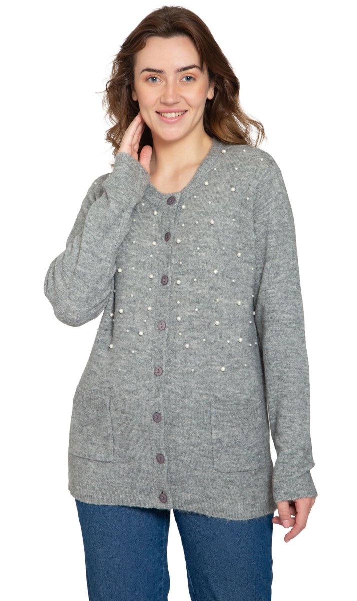 Women's Faux Pearl Cardigan in Cashmere - like Soft Knit - Codex AI
