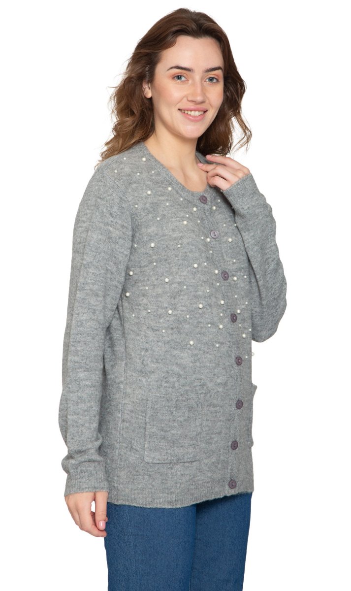 Women's Faux Pearl Cardigan in Cashmere - like Soft Knit - Codex AI