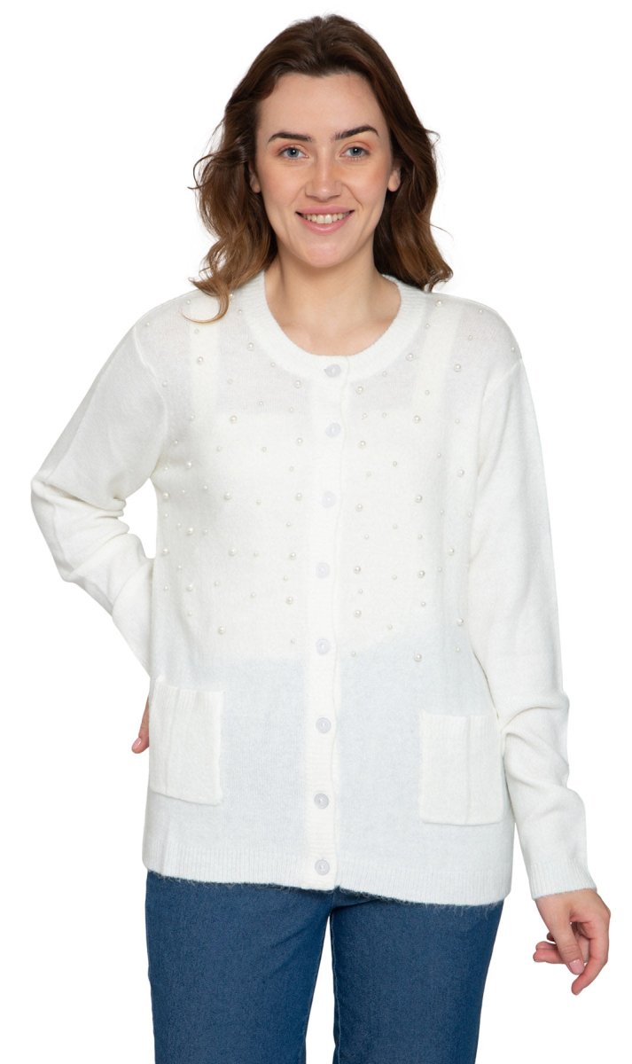 Women's Faux Pearl Cardigan in Cashmere - like Soft Knit - Codex AI