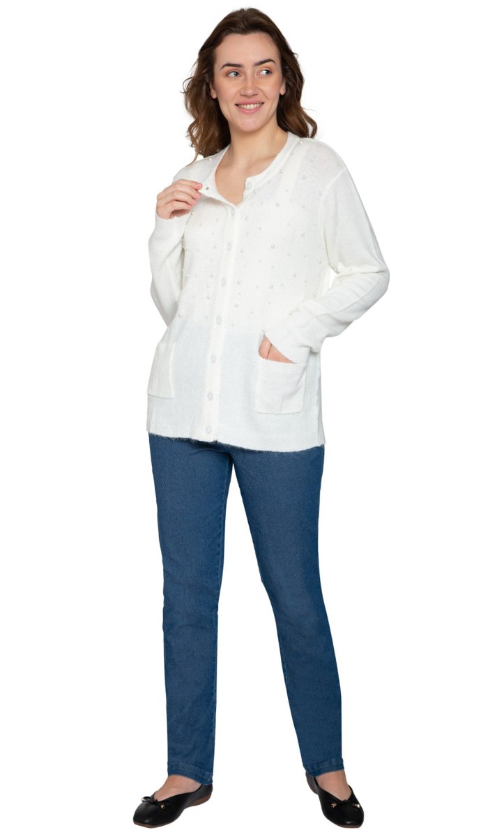 Women's Faux Pearl Cardigan in Cashmere - like Soft Knit - Codex AI