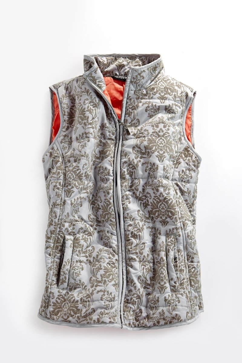 Women's Flocked Damask Print Zip Front Vest With Lining And Fill - Codex AI