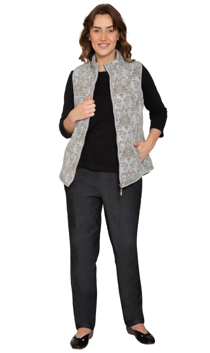 Women's Flocked Damask Print Zip Front Vest With Lining And Fill - Codex AI