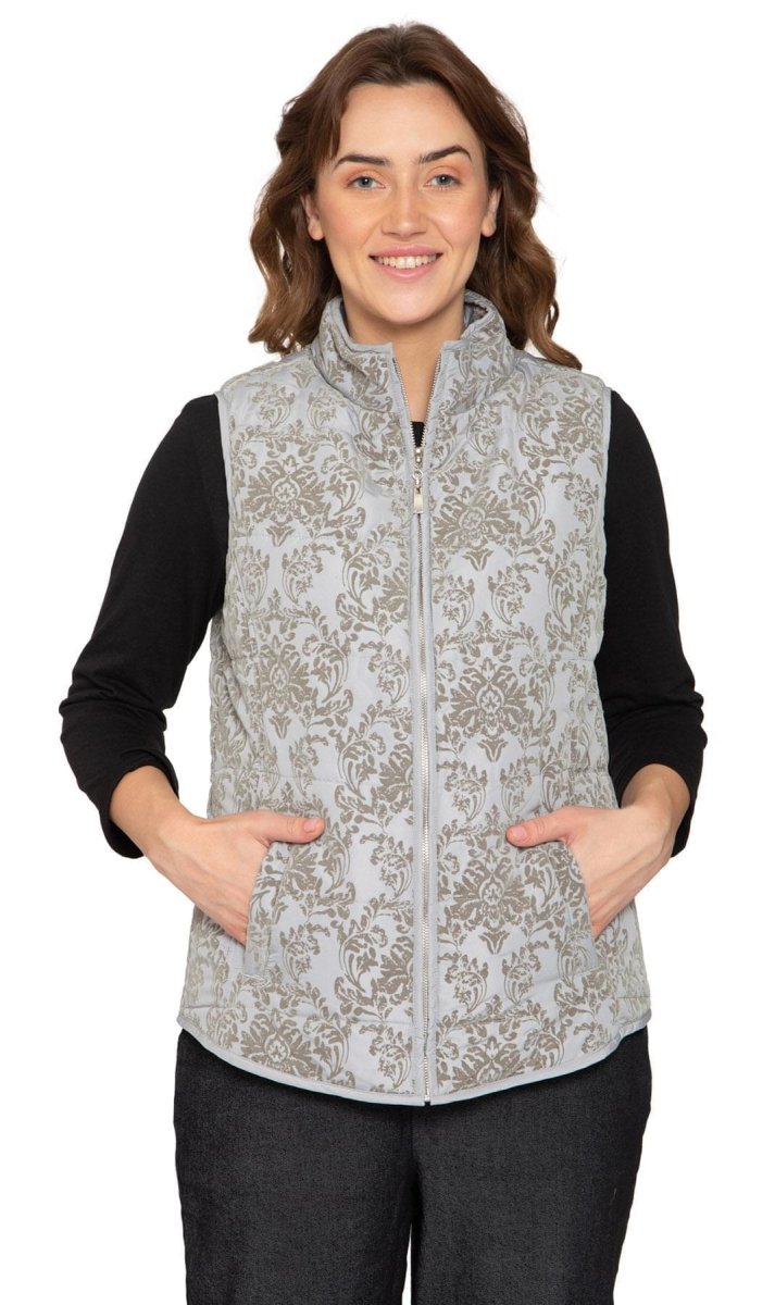 Women's Flocked Damask Print Zip Front Vest With Lining And Fill - Codex AI