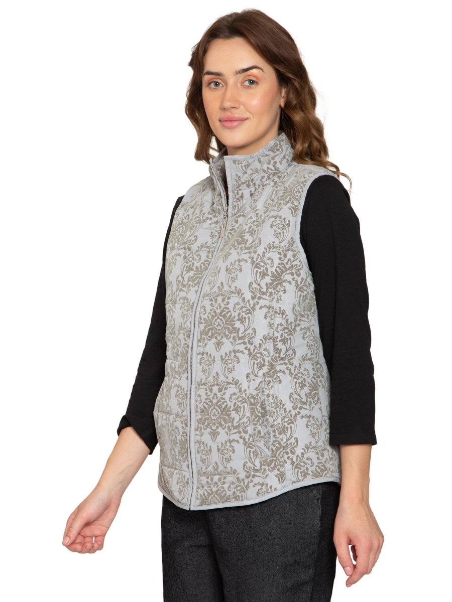 Women's Flocked Damask Print Zip Front Vest With Lining And Fill - Codex AI