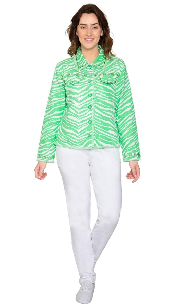 Women's Jewel Trimmed Zebra Printed Canvas Jacket - Codex AI