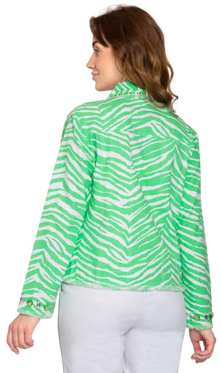 Women's Jewel Trimmed Zebra Printed Canvas Jacket - Codex AI