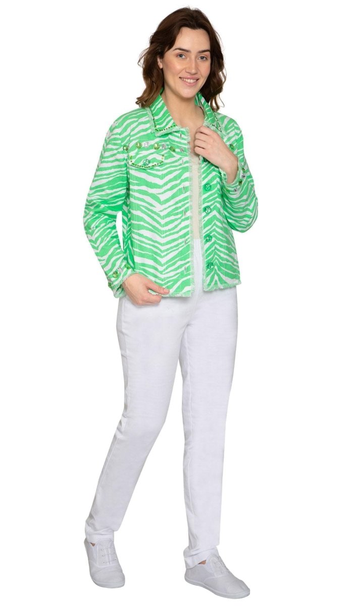 Women's Jewel Trimmed Zebra Printed Canvas Jacket - Codex AI