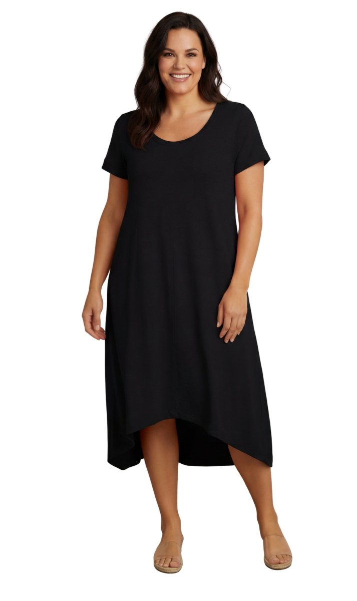 Women's Knit Wide Scoop Neck Short Sleeve Dress in A - line Asymmetrical Hem - Codex AI