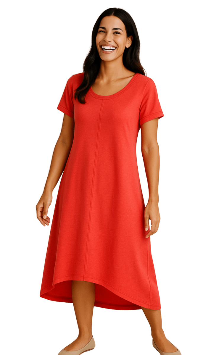 Women's Knit Wide Scoop Neck Short Sleeve Dress in A - line Asymmetrical Hem - Codex AI