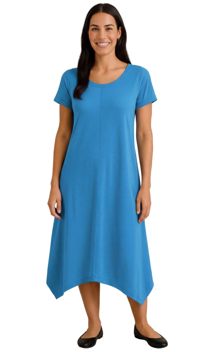 Women's Knit Wide Scoop Neck Short Sleeve Dress in A - line Asymmetrical Hem - Codex AI