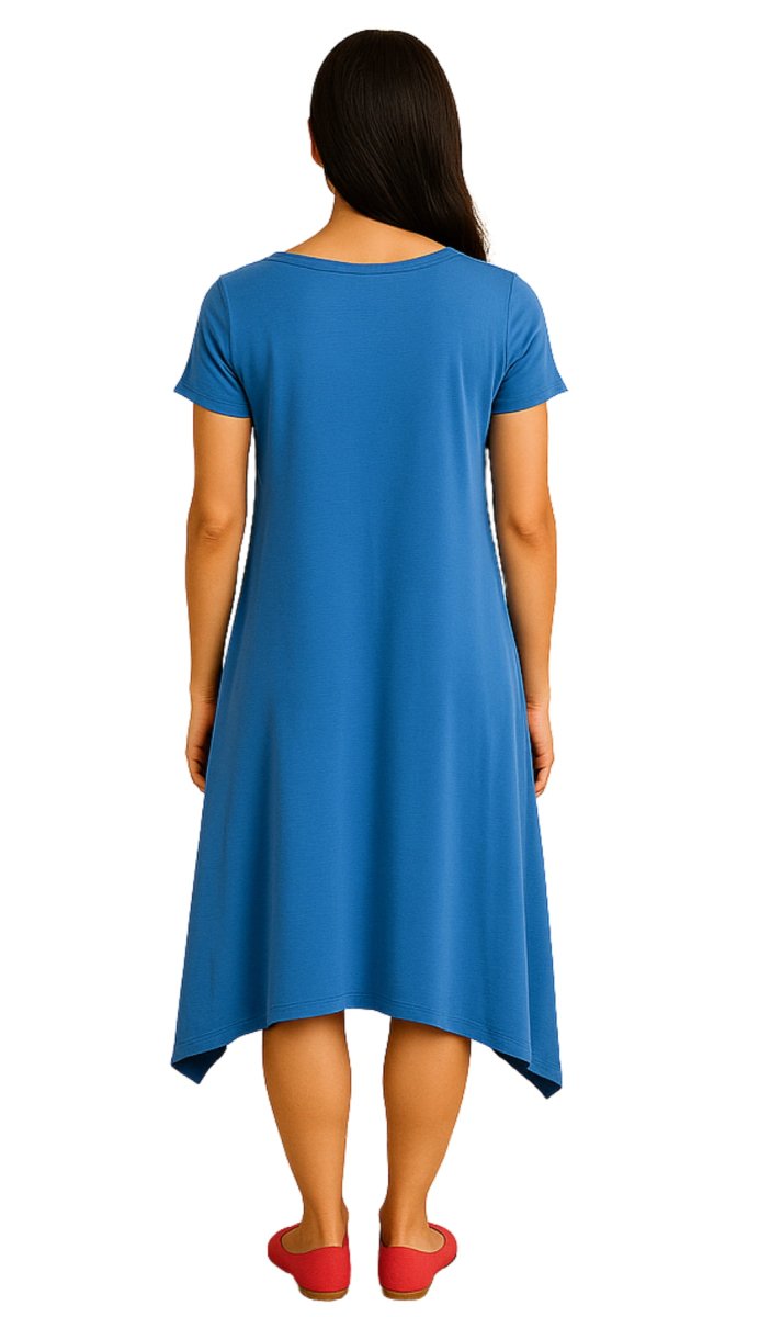 Women's Knit Wide Scoop Neck Short Sleeve Dress in A - line Asymmetrical Hem - Codex AI