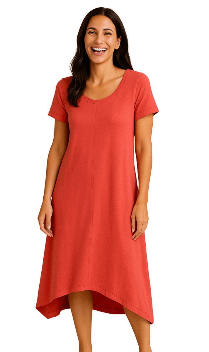 Women's Knit Wide Scoop Neck Short Sleeve Dress in A - line Asymmetrical Hem - Codex AI