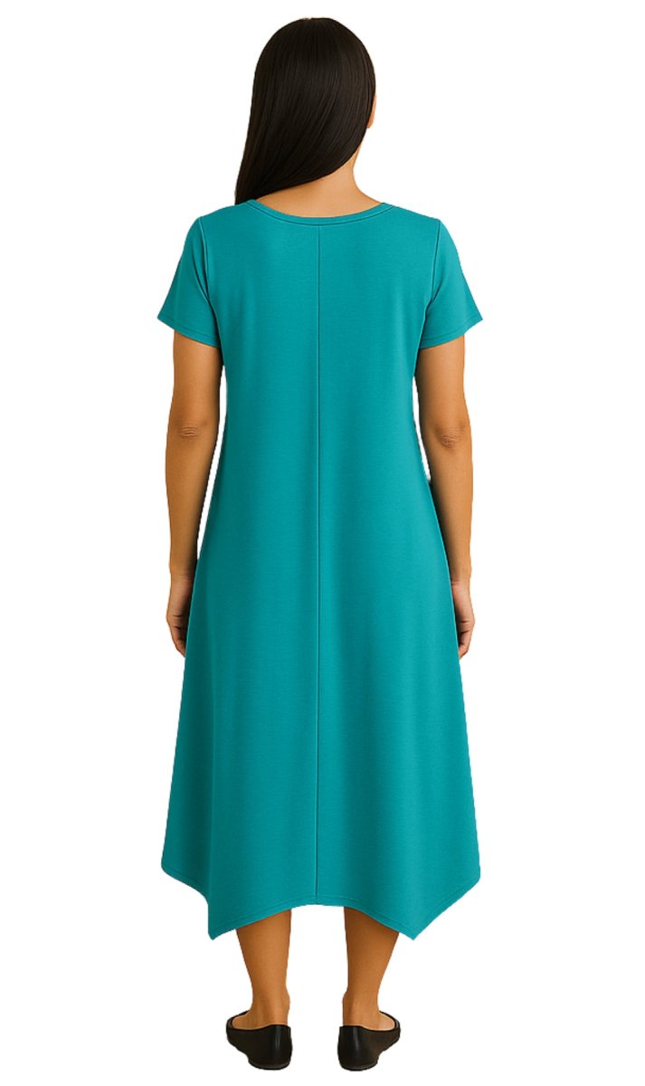 Women's Knit Wide Scoop Neck Short Sleeve Dress in A - line Asymmetrical Hem - Codex AI