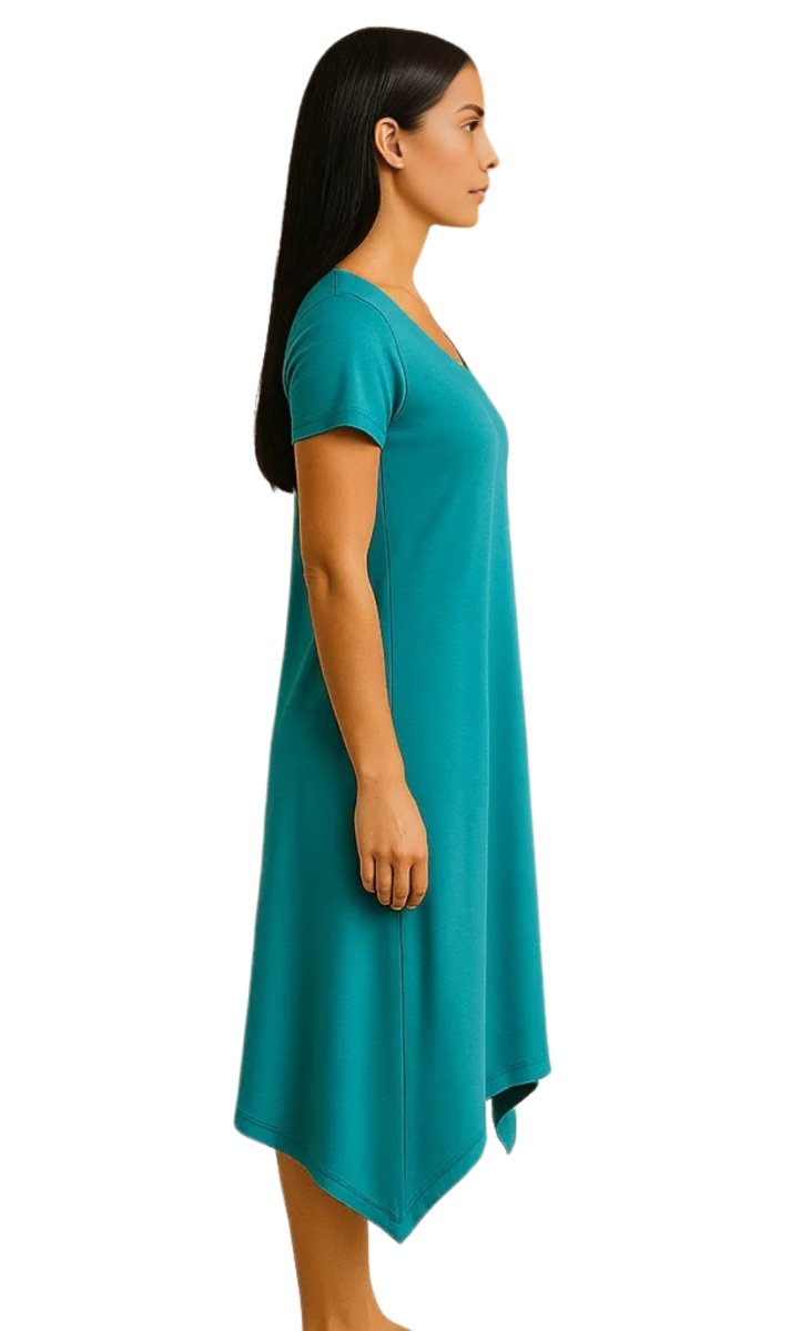 Women's Knit Wide Scoop Neck Short Sleeve Dress in A - line Asymmetrical Hem - Codex AI