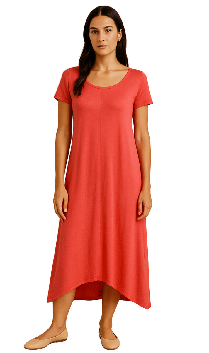 Women's Knit Wide Scoop Neck Short Sleeve Dress in A - line Asymmetrical Hem - Codex AI