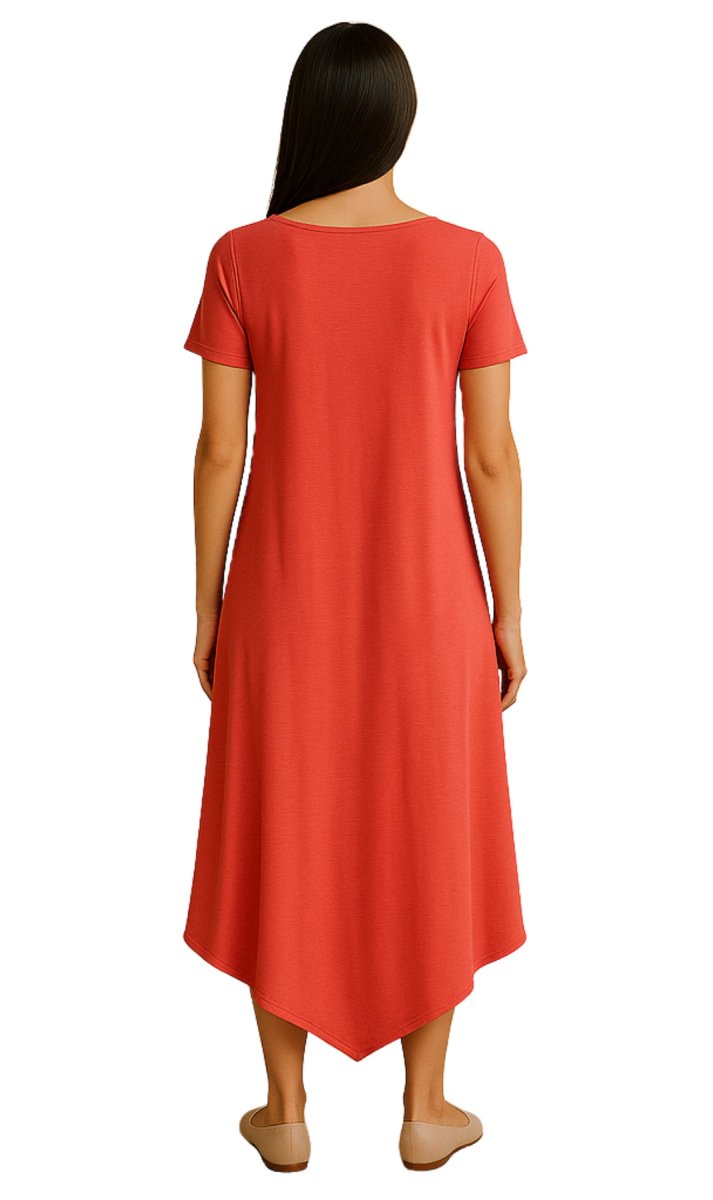 Women's Knit Wide Scoop Neck Short Sleeve Dress in A - line Asymmetrical Hem - Codex AI
