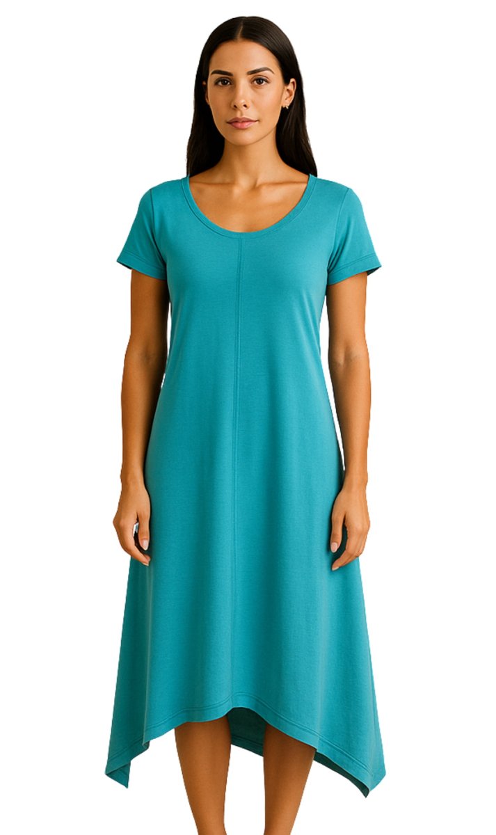 Women's Knit Wide Scoop Neck Short Sleeve Dress in A - line Asymmetrical Hem - Codex AI