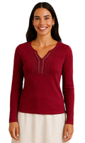 Women's Open Crochet And Jewel Trim V - Neck Knit Top in Cotton Rib Knit - Codex AI