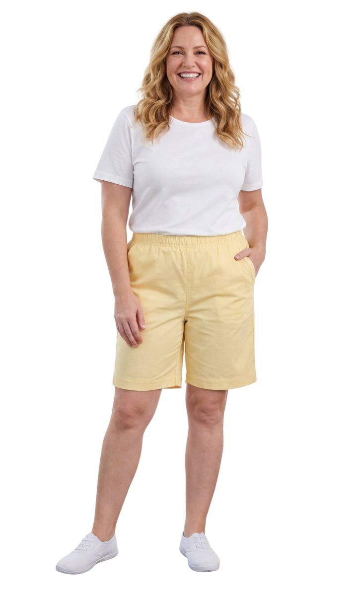Women's Pull On Denim & Twill Shorts with stretch waist - No zipper or buttons - Codex AI