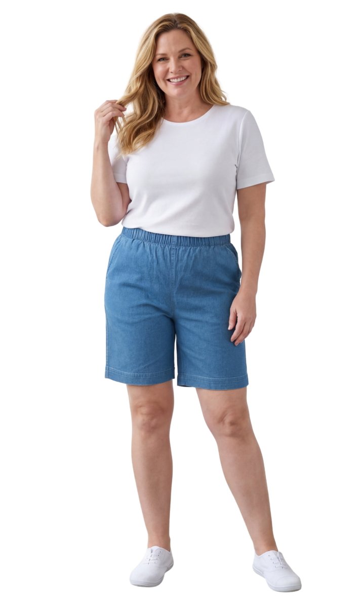 Women's Pull On Denim & Twill Shorts with stretch waist - No zipper or buttons - Codex AI