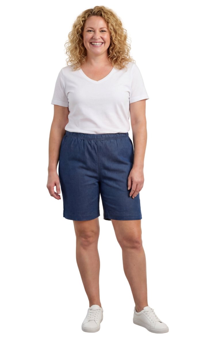 Women's Pull On Denim & Twill Shorts with stretch waist - No zipper or buttons - Codex AI