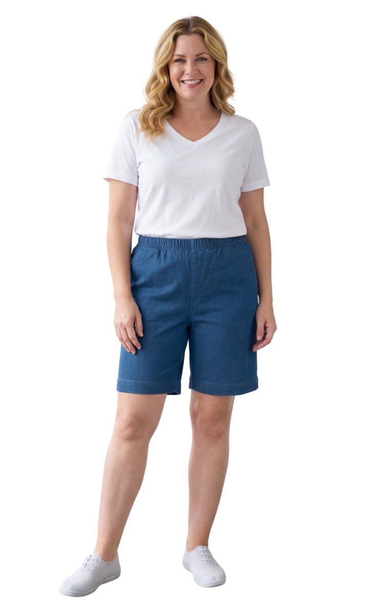 Women's Pull On Denim & Twill Shorts with stretch waist - No zipper or buttons - Codex AI