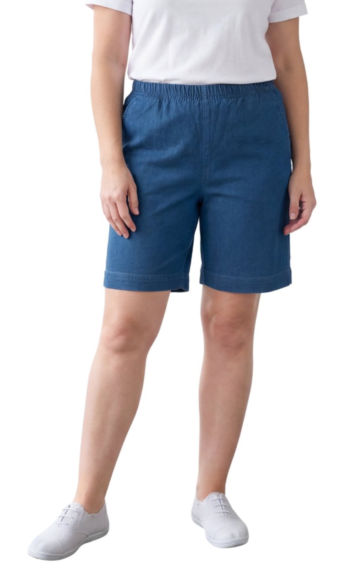 Women's Pull On Denim & Twill Shorts with stretch waist - No zipper or buttons - Codex AI