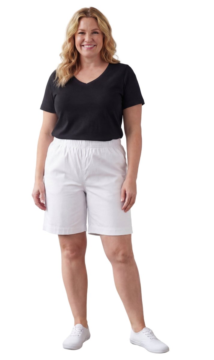 Women's Pull On Denim & Twill Shorts with stretch waist - No zipper or buttons - Codex AI