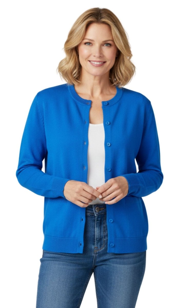 Women's Soft Cotton Button - Up Cardigan Crewneck Sweater Long Sleeves with Front Pockets - Codex AI