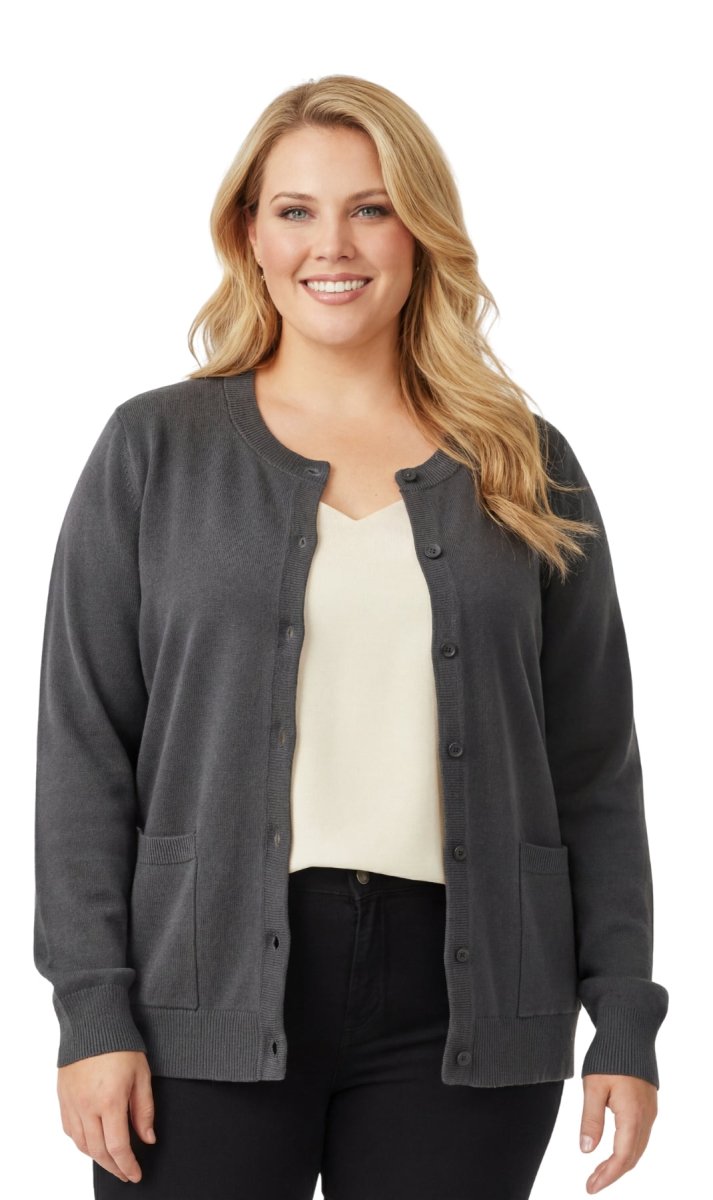 Women's Cotton Cardigan Sweater with Buttons, Crewneck, Long Sleeves, and Front Pockets