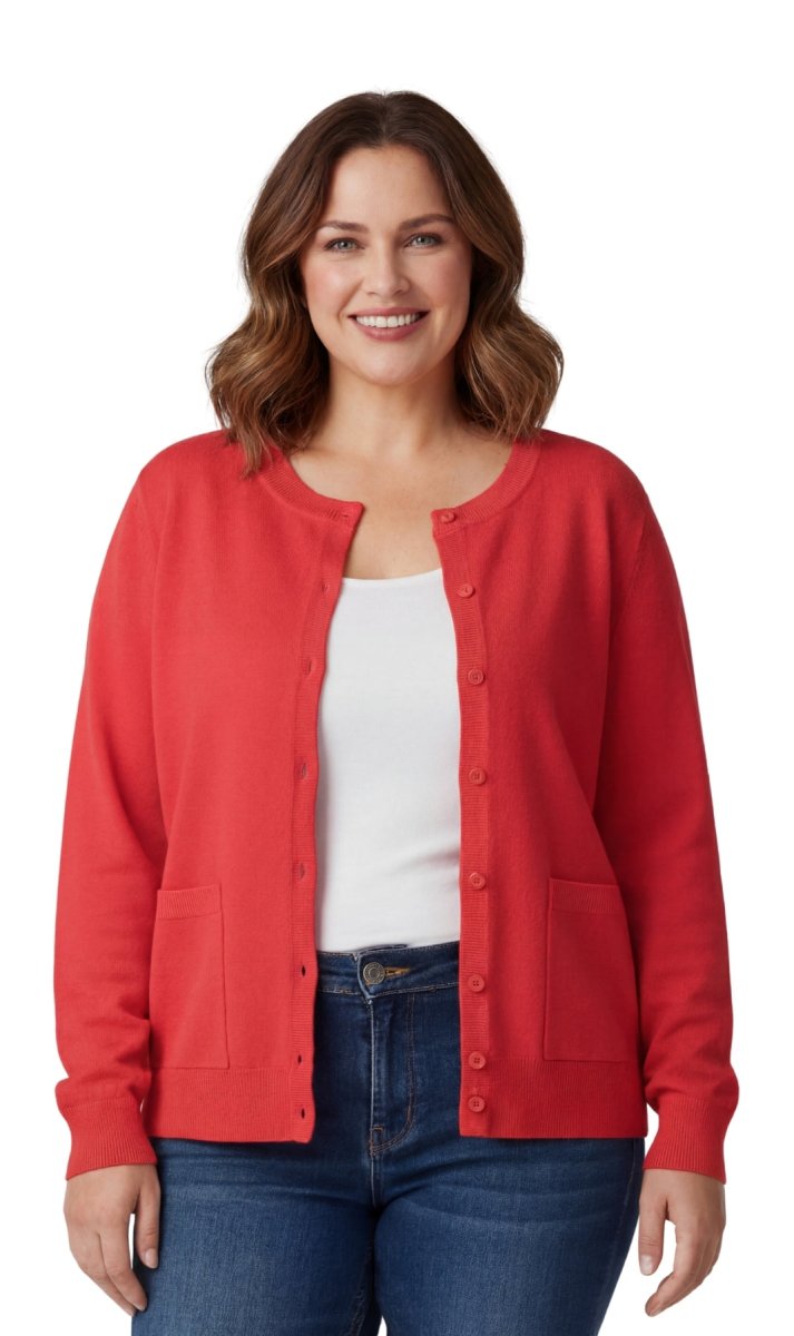 Women's Soft Cotton Button - Up Cardigan Crewneck Sweater Long Sleeves with Front Pockets - Codex AI