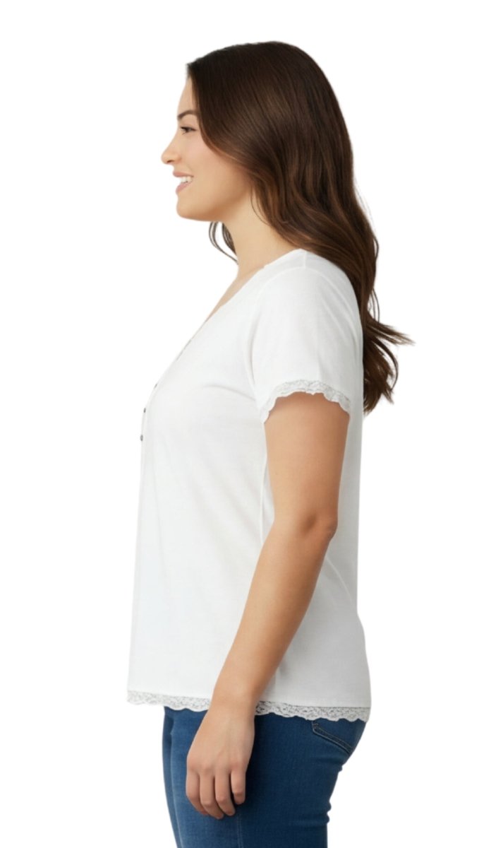 Women's V - neck Short Sleeve Tshirt with A Three Button Placket - Codex AI