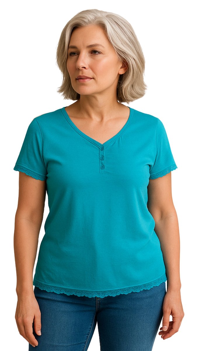 Women's V - neck Short Sleeve Tshirt with A Three Button Placket - Codex AI